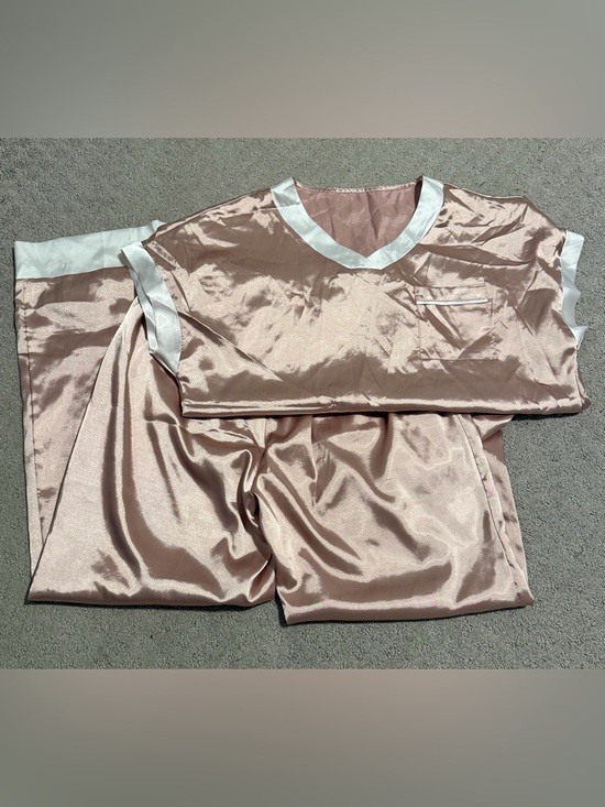 Other - Silky Pink Satin Pajama Set with White Trim